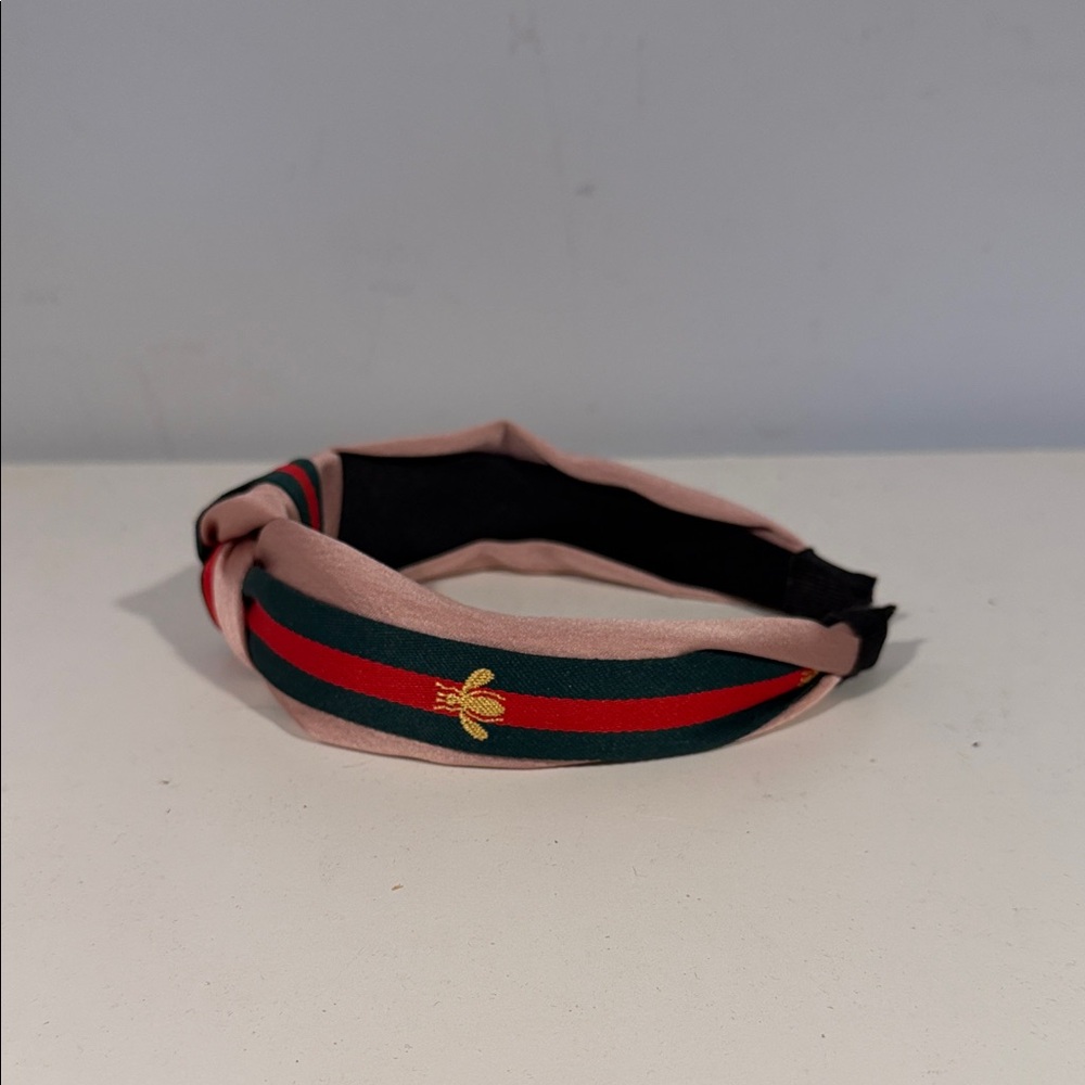 Pink and Green Striped Headband with Bee Embroidery